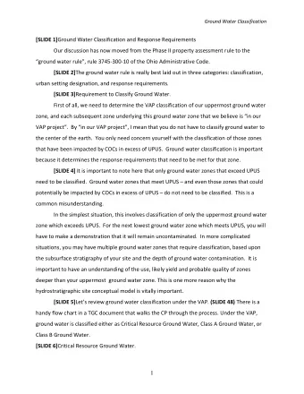 Ground Water Classification [SLIDE 1] Ground Water Classification and Response Requirements Our