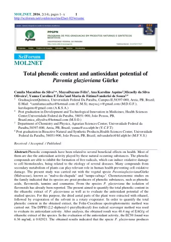 MOL2NET  Total phenolic content and antioxidant potential of Pavonia glazioviana Grke Camila