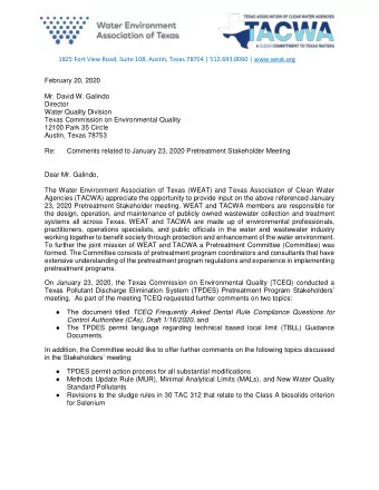 1825 Fort View Road, Suite 108, Austin, Texas 78704 | 512.693.0060 | www.weat.org  February 20,