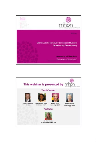 This webinar is presented by Tonights panel  A/Prof Craig Hassed  Prof Valsamma Eapen  Ms Jodi