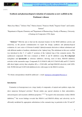 Synthesis and pharmacological evaluation of coumarins as new scaffold on the  Parkinsons disease