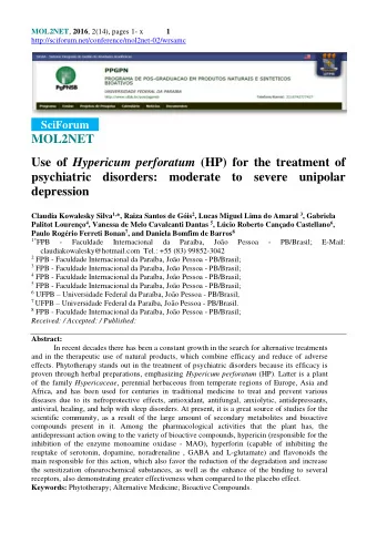 MOL2NET Use of Hypericum perforatum (HP) for the treatment of  psychiatric disorders: moderate to