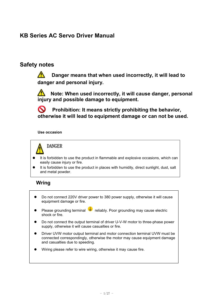 kb series ac servo driver manual safety notes