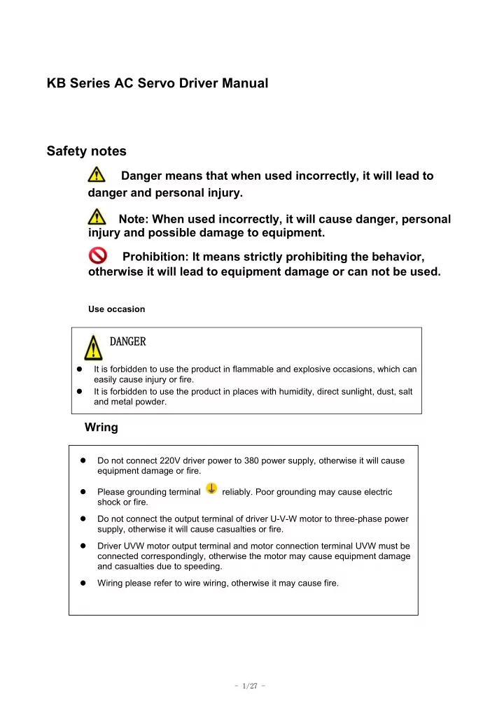 kb series ac servo driver manual safety notes