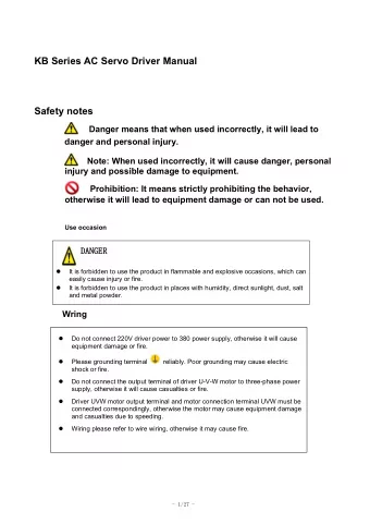KB Series AC Servo Driver Manual  Safety notes  Danger means that when used incorrectly, it will