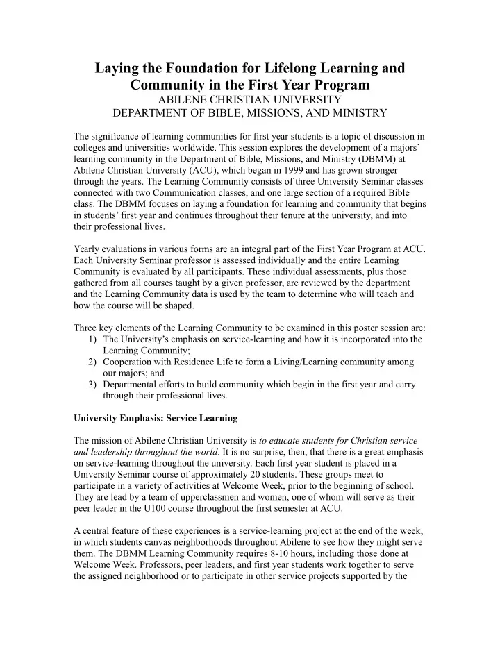 laying the foundation for lifelong learning and community