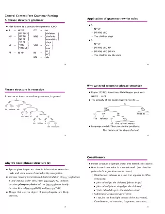 General Context-Free Grammar Parsing:  Application of grammar rewrite rules  A phrase structure