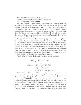 The ODE labs are numbered 1, 4, 5, 7 and 8.  (written by Suzanne Lenhart and John Workman)  Lab 1: