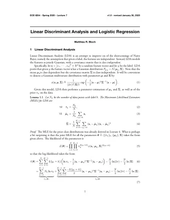 Linear Discriminant Analysis and Logistic Regression  Matthieu R. Bloch  1  Linear Discriminant