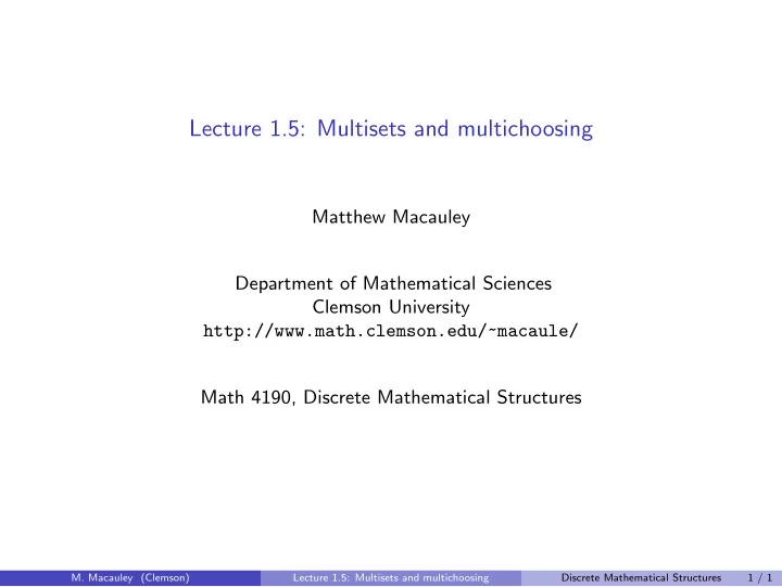lecture 1 5 multisets and multichoosing