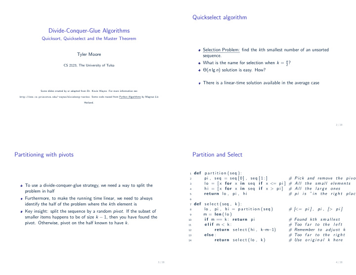 quickselect algorithm divide conquer glue algorithms