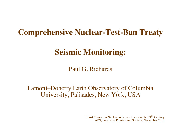 comprehensive nuclear test ban treaty seismic monitoring