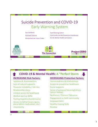 Suicide Prevention and COVID-19  Early Warning System  Sara Kohlbeck  Sarah Bassing-Sutton