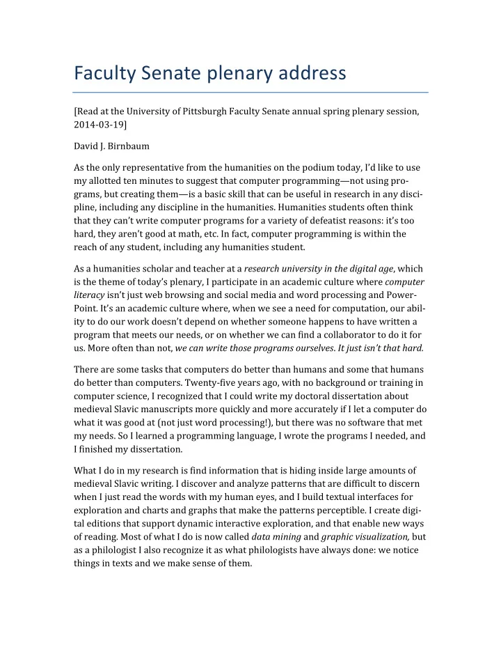 faculty senate pl e n a ry address