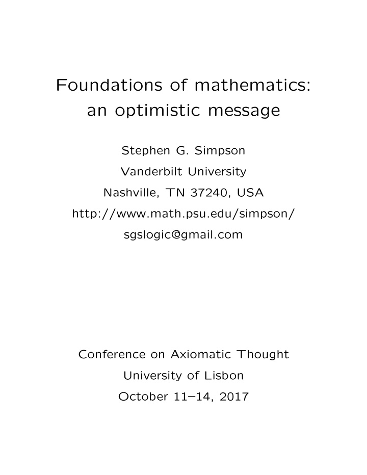 foundations of mathematics an optimistic message