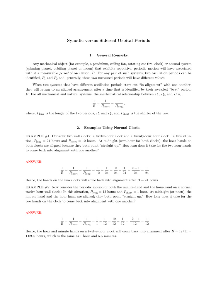 synodic versus sidereal orbital periods