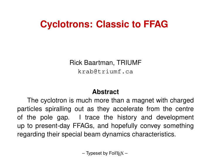 cyclotrons classic to ffag