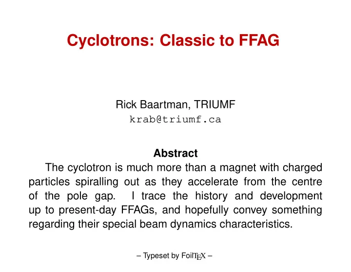 cyclotrons classic to ffag