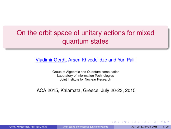 on the orbit space of unitary actions for mixed quantum