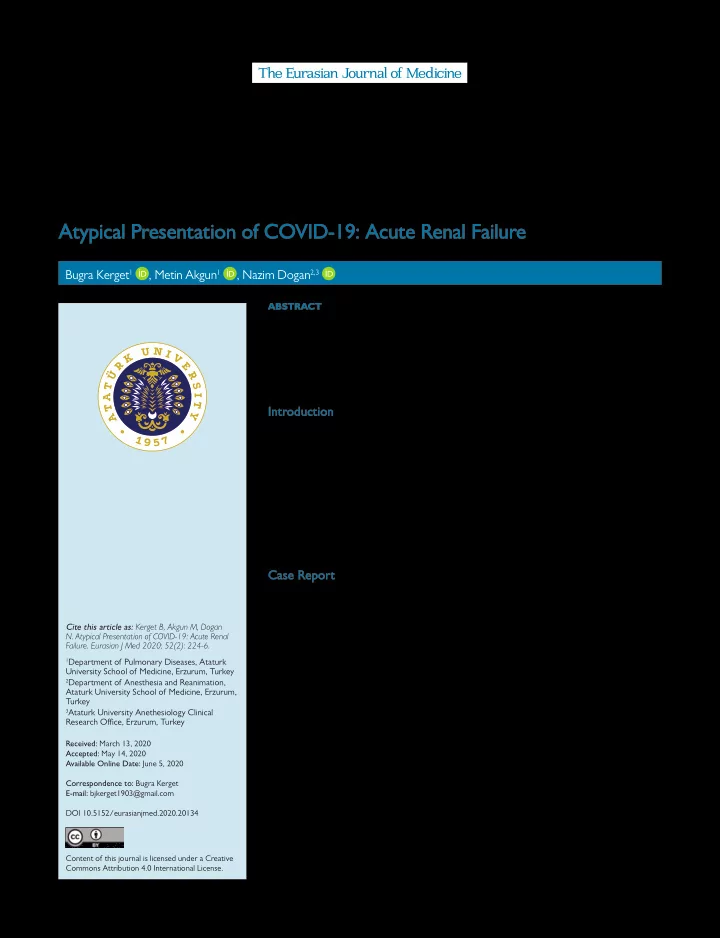atypical presentation of covid 19 acute renal failure