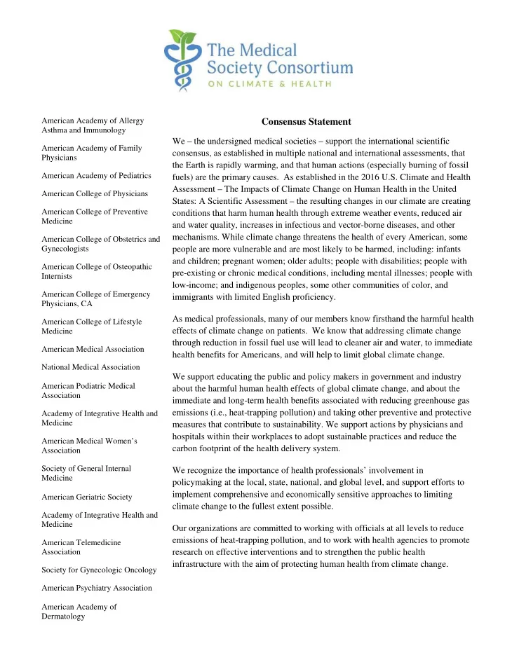 american academy of allergy consensus statement asthma