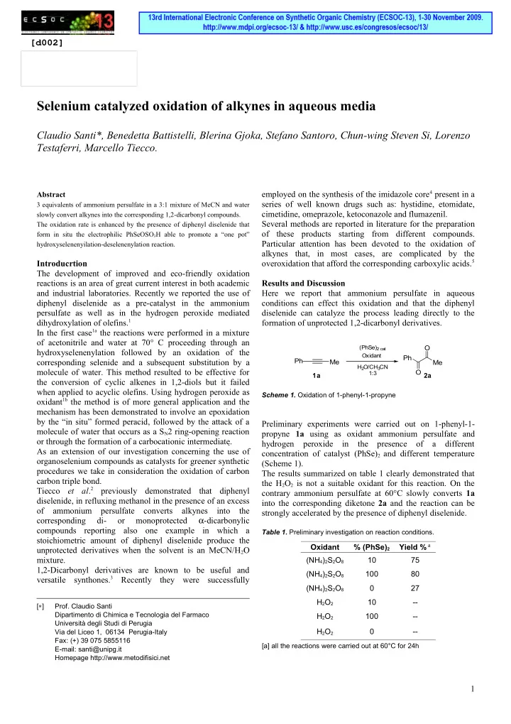 selenium catalyzed oxidation of alkynes in aqueous media