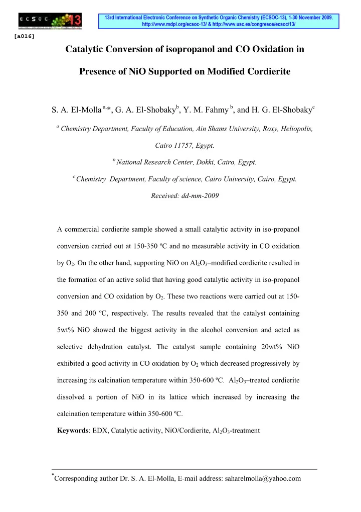 catalytic conversion of isopropanol and co oxidation in