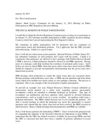 January 30, 2013  For: The Commissioners  Subject: Mark Leyses Comments for the January 31, 2013