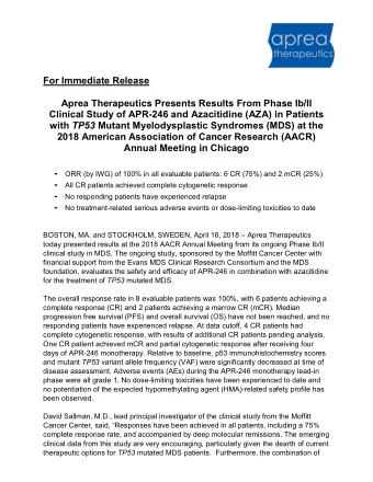 For Immediate Release  Aprea Therapeutics Presents Results From Phase Ib/II  Clinical Study of