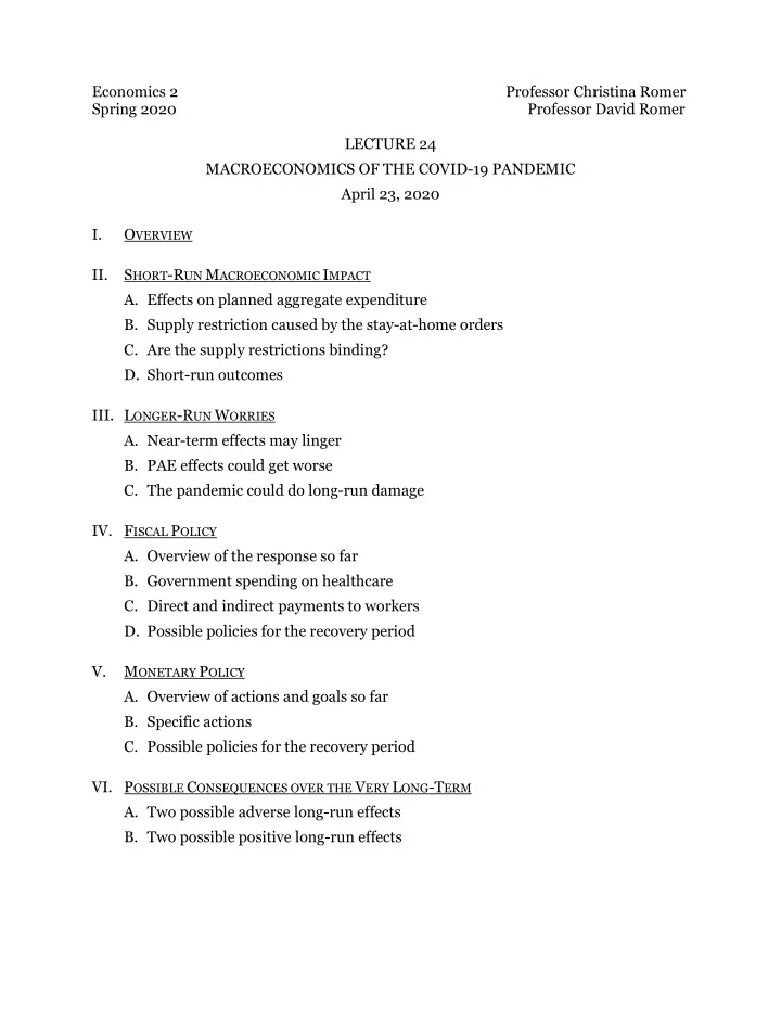 economics 2 professor christina romer spring 2020