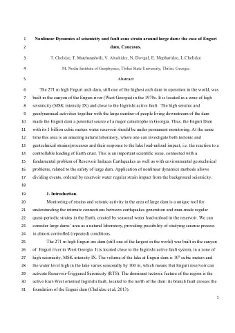 Nonlinear Dynamics of seismicity and fault zone strain around large dam: the case of Enguri  1