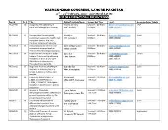 HAEMCON2020 CONGRESS, LAHORE-PAKISTAN 13 th  16 th February, 2020  Avari Hotel, Lahore  LIST