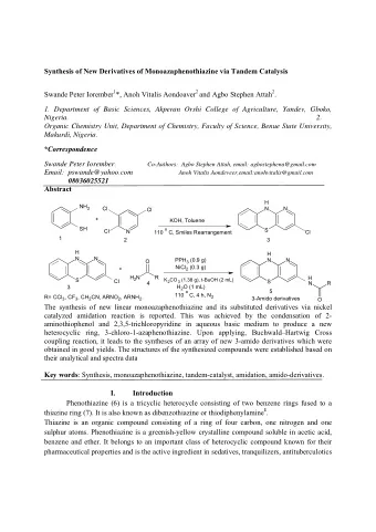 Synthesis of New Derivatives of Monoazaphenothiazine via Tandem Catalysis Swande Peter Iorember 1