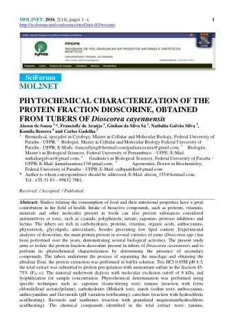 MOL2NET  PHYTOCHEMICAL CHARACTERIZATION OF THE  PROTEIN FRACTION DIOSCORINE, OBTAINED FROM TUBERS