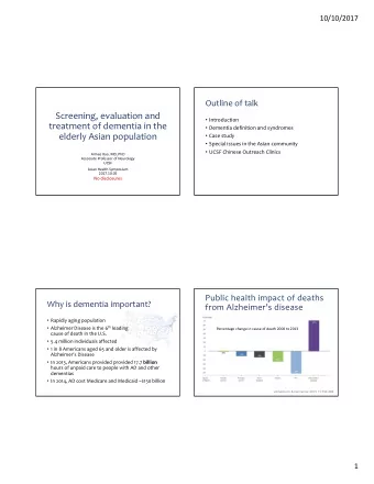 Screening, evaluation and  Introduction treatment of dementia in the  Dementia definition and