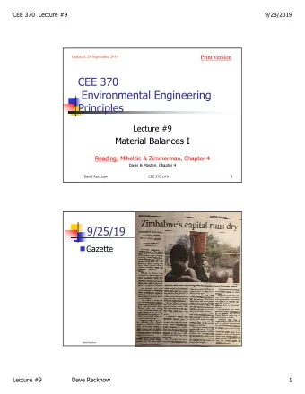 CEE 370  Environmental Engineering  Principles  Lecture #9  Material Balances I  Reading: Mihelcic