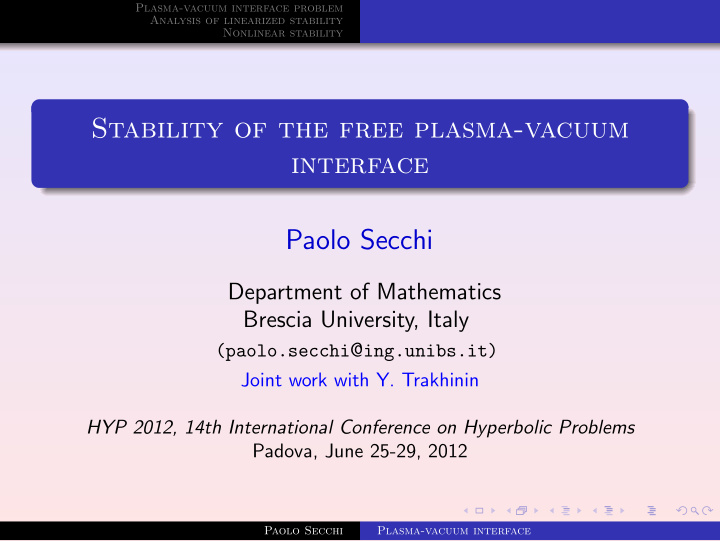 stability of the free plasma vacuum interface paolo secchi