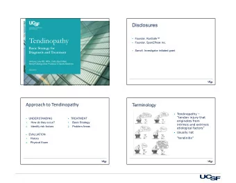 Tendinopathy  Founder, RunSafe  Founder, SportZPeak Inc.  Basic Strategy for  Sanofi,