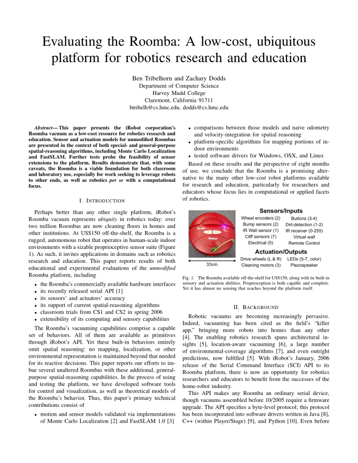 evaluating the roomba a low cost ubiquitous platform for