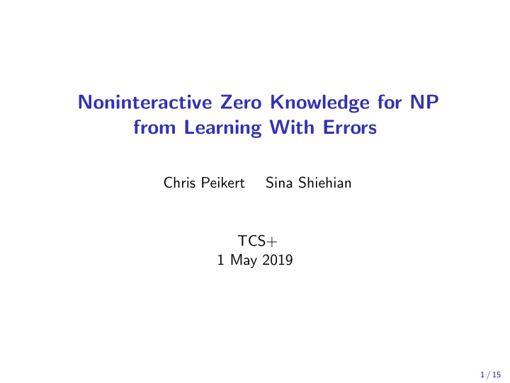 noninteractive zero knowledge for np from learning with