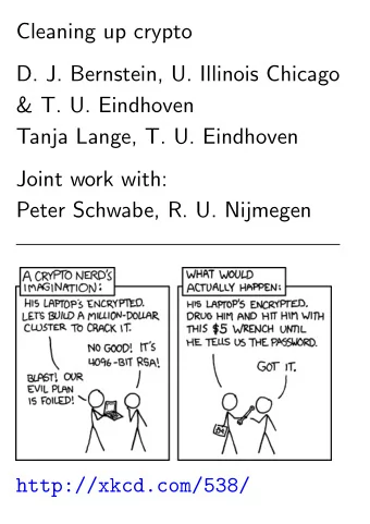 Cleaning up crypto  D. J. Bernstein, U. Illinois Chicago  &amp; T. U. Eindhoven  Tanja Lange, T. U.