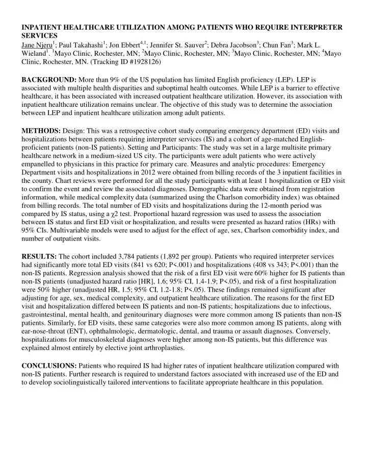 inpatient healthcare utilization among patients who