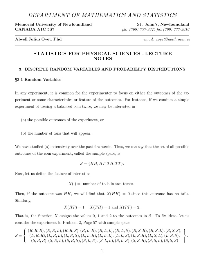 department of mathematics and statistics