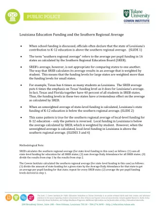 Louisiana Education Funding and the Southern Regional Average   When school funding is