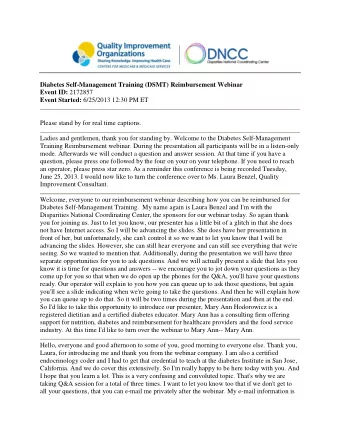 Diabetes Self-Management Training (DSMT) Reimbursement Webinar Event ID: 2172857 Event Started: