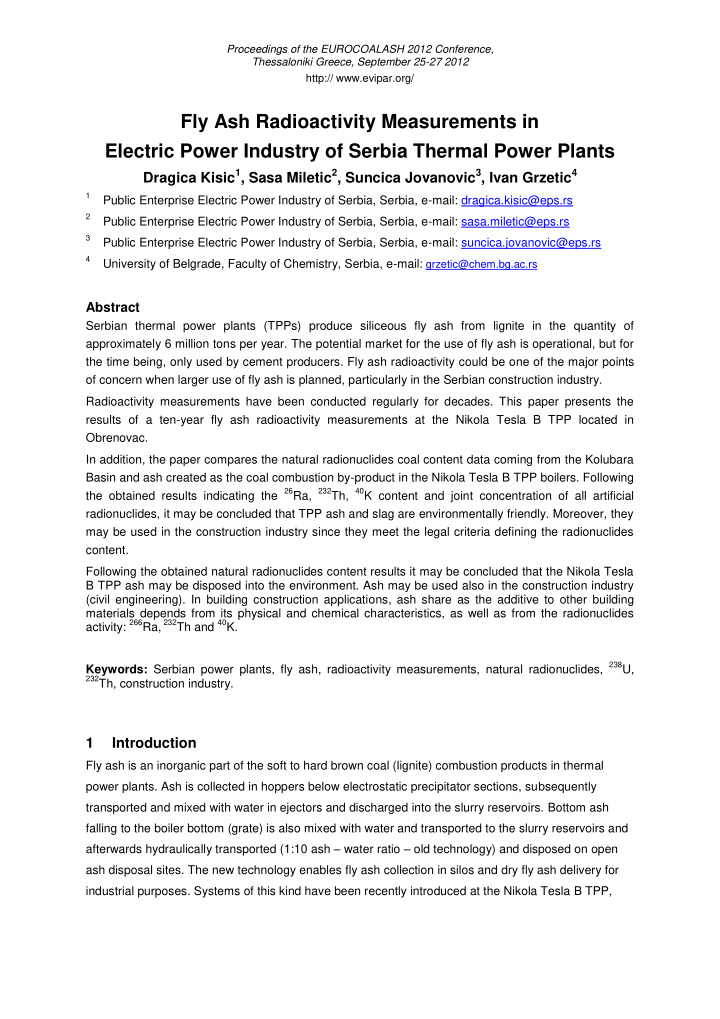 fly ash radioactivity measurements in electric power