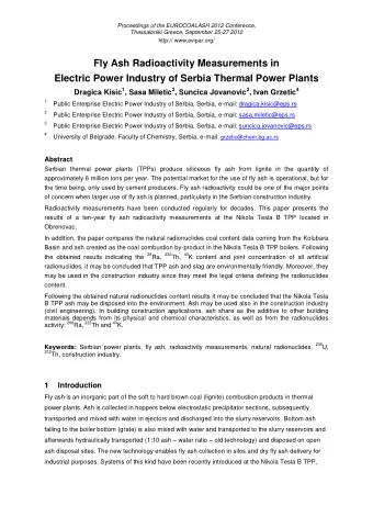 Fly Ash Radioactivity Measurements in  Electric Power Industry of Serbia Thermal Power Plants