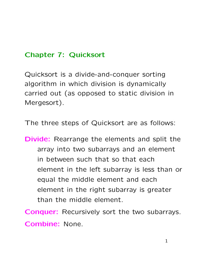 chapter 7 quicksort quicksort is a divide and conquer