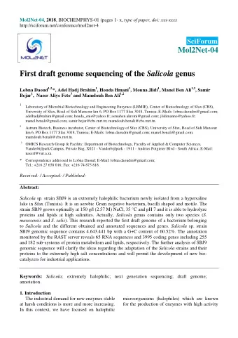 Mol2Net-04 First draft genome sequencing of the Salicola genus Lobna Daoud 1,2, *, Adel Hadj Brahim