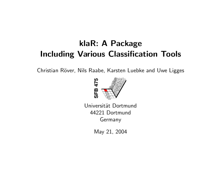 klar a package including various classification tools